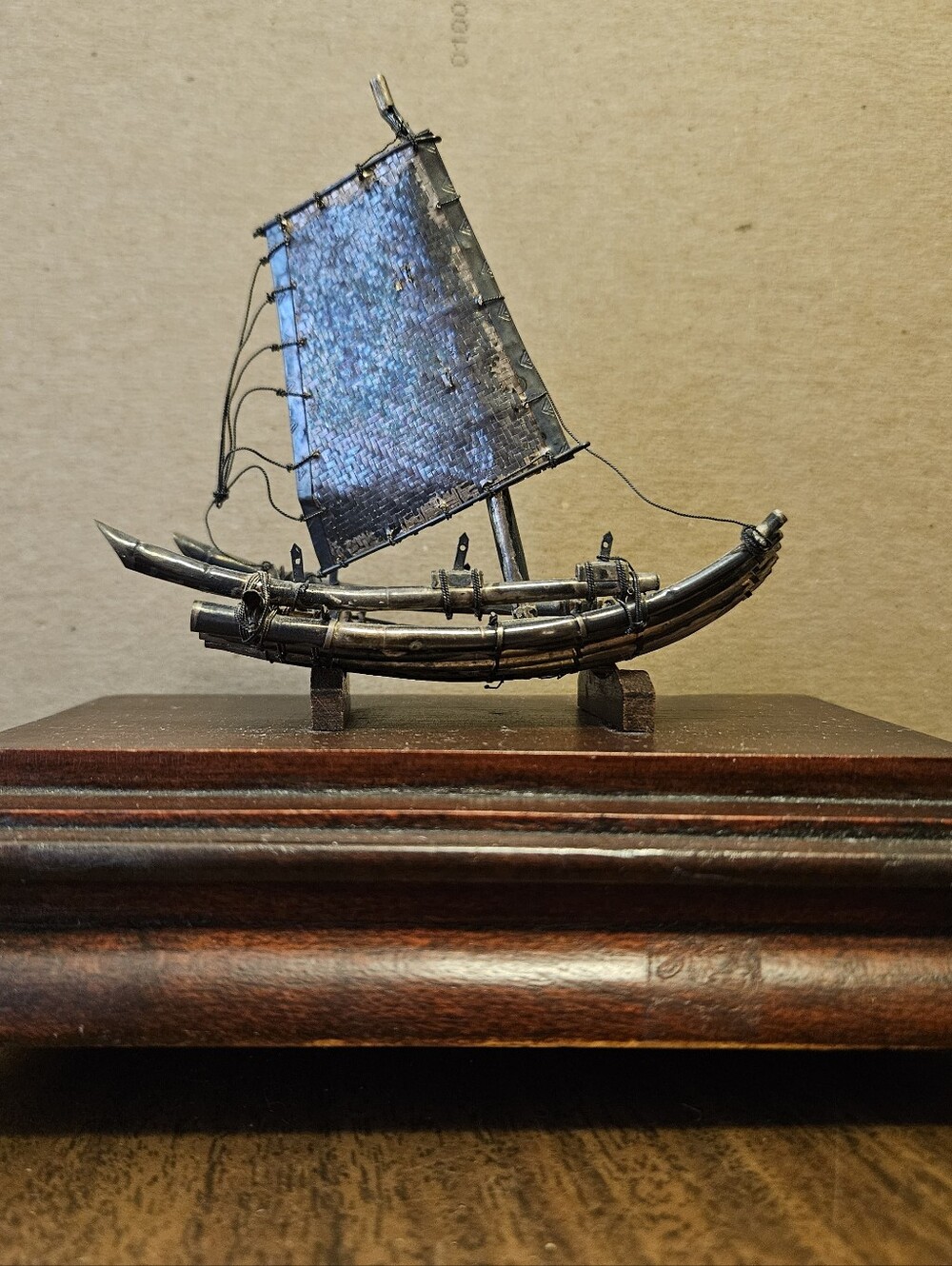 Handmade Antique Silver Raft With Wood Base